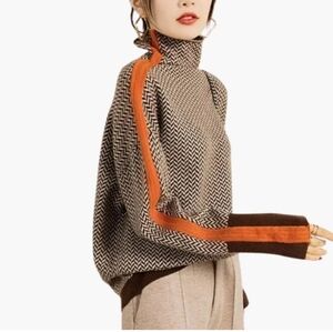 Chevron Pattern Turtleneck Sweater with Orange Stripe